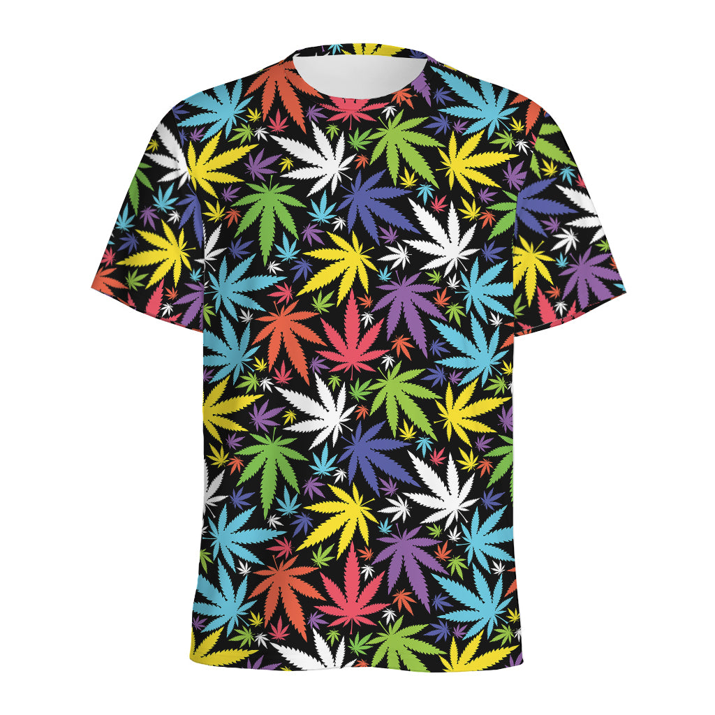 Colorful Weed Leaf Pattern Print Men's Sports T-Shirt