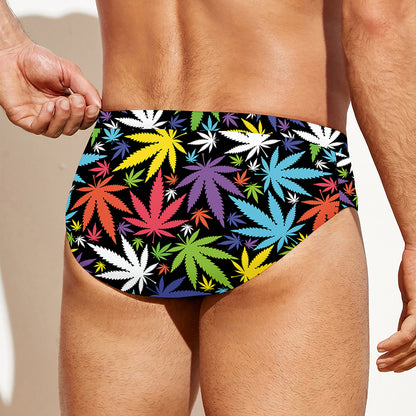Colorful Weed Leaf Pattern Print Men's Swim Briefs