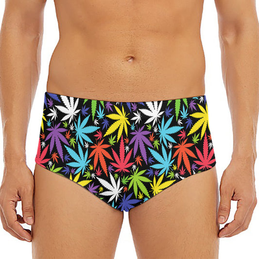 Colorful Weed Leaf Pattern Print Men's Triangle Swim Briefs