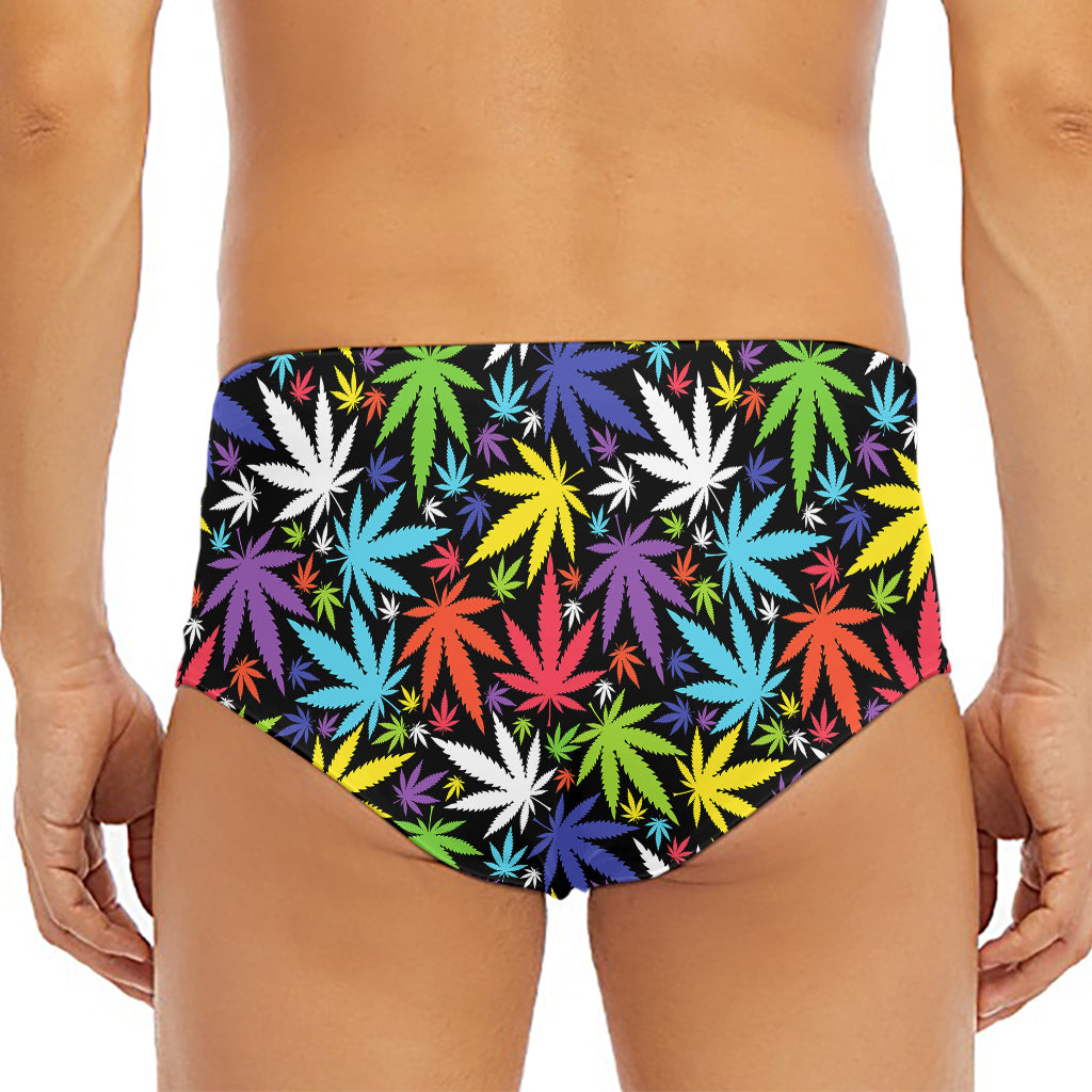 Colorful Weed Leaf Pattern Print Men's Triangle Swim Briefs