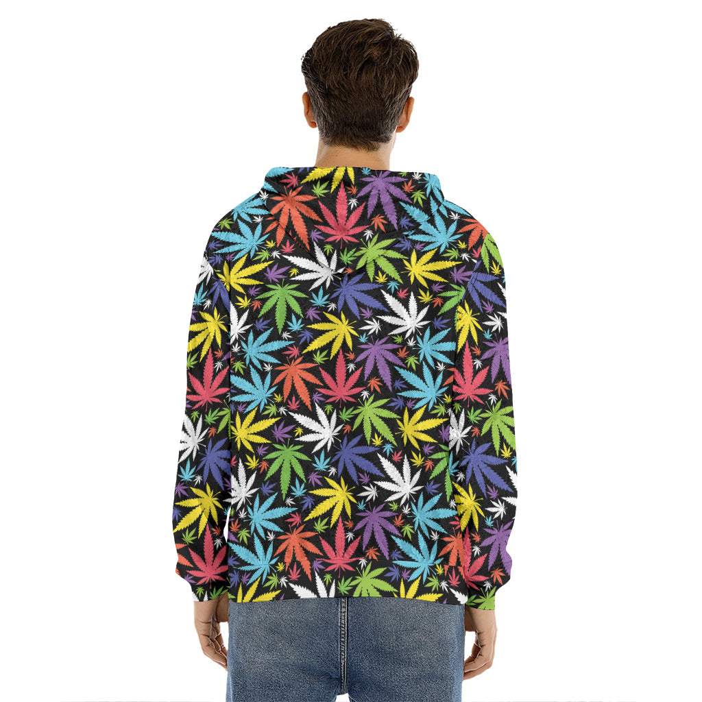 Colorful Weed Leaf Pattern Print Men's Velvet Pullover Hoodie