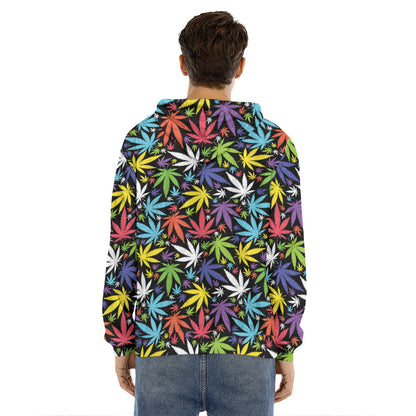 Colorful Weed Leaf Pattern Print Men's Velvet Pullover Hoodie