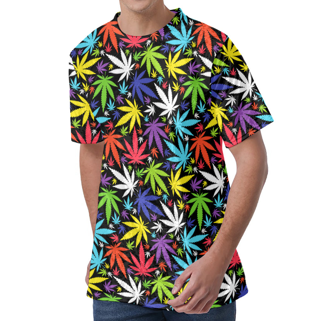 Colorful Weed Leaf Pattern Print Men's Velvet T-Shirt