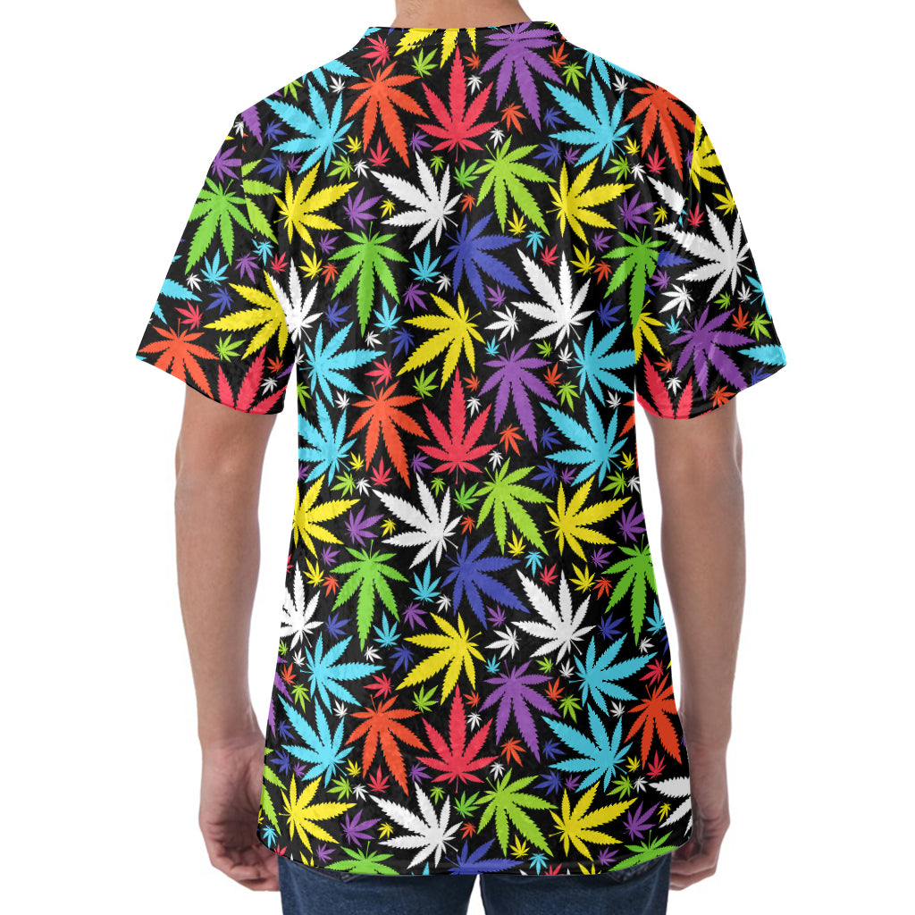 Colorful Weed Leaf Pattern Print Men's Velvet T-Shirt