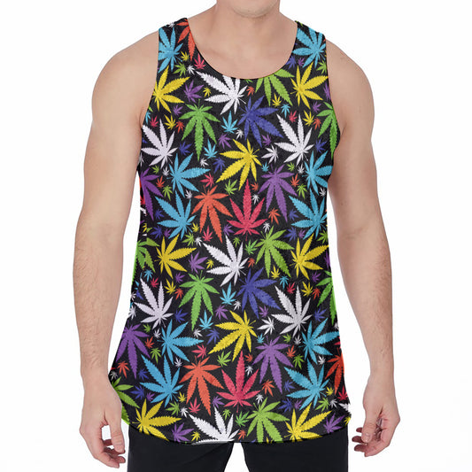 Colorful Weed Leaf Pattern Print Men's Velvet Tank Top