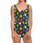 Colorful Weed Leaf Pattern Print One Piece Swimsuit
