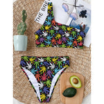 Colorful Weed Leaf Pattern Print One Shoulder Bikini Top