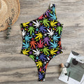 Colorful Weed Leaf Pattern Print One Shoulder Bodysuit
