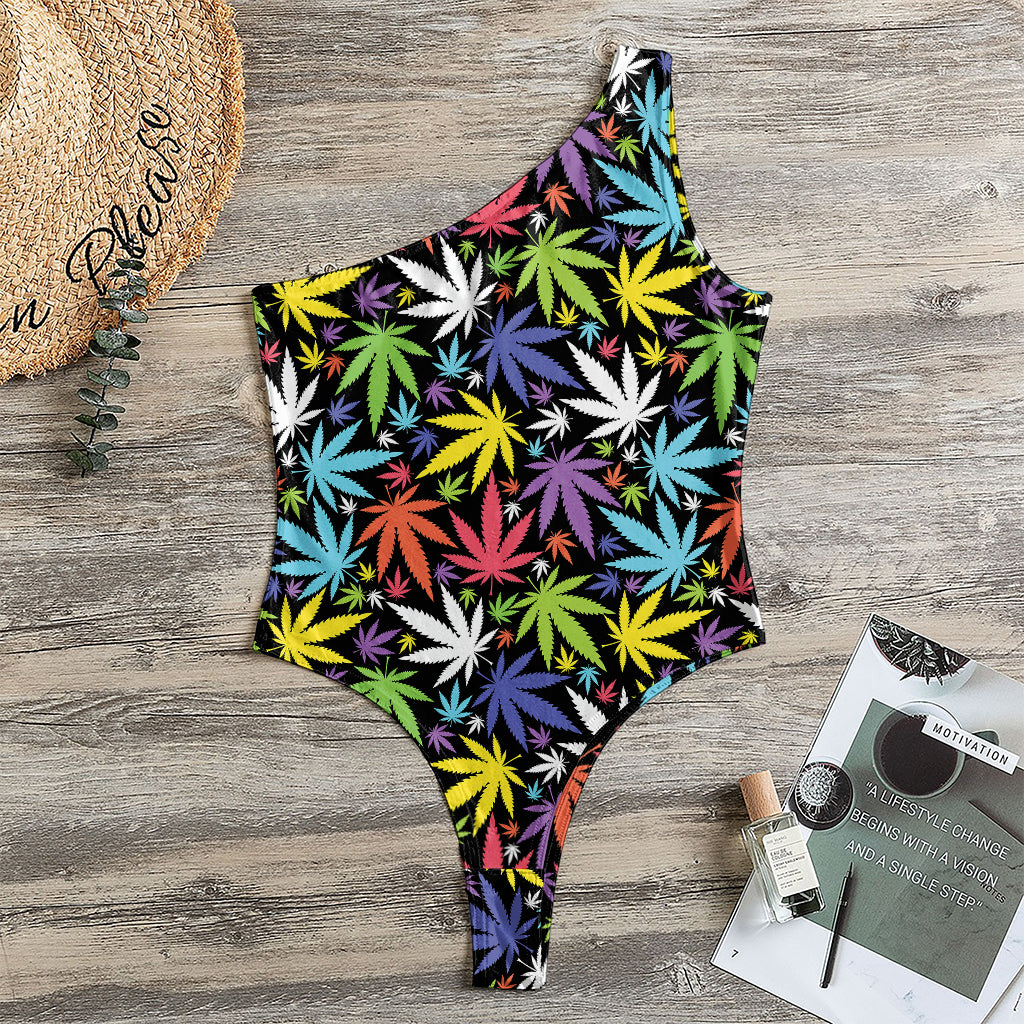 Colorful Weed Leaf Pattern Print One Shoulder Bodysuit