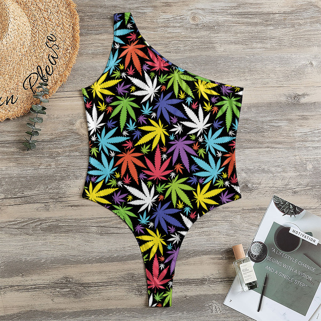 Colorful Weed Leaf Pattern Print One Shoulder Bodysuit