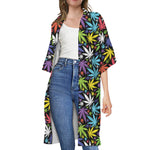 Colorful Weed Leaf Pattern Print Open Front Beach Cover Up