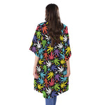 Colorful Weed Leaf Pattern Print Open Front Beach Cover Up