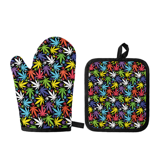 Colorful Weed Leaf Pattern Print Oven Mitt And Pot Holder Set
