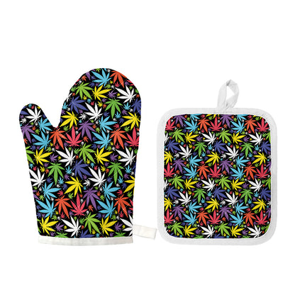 Colorful Weed Leaf Pattern Print Oven Mitt And Pot Holder Set