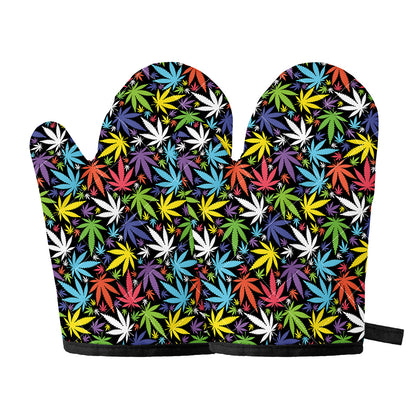 Colorful Weed Leaf Pattern Print Oven Mitts