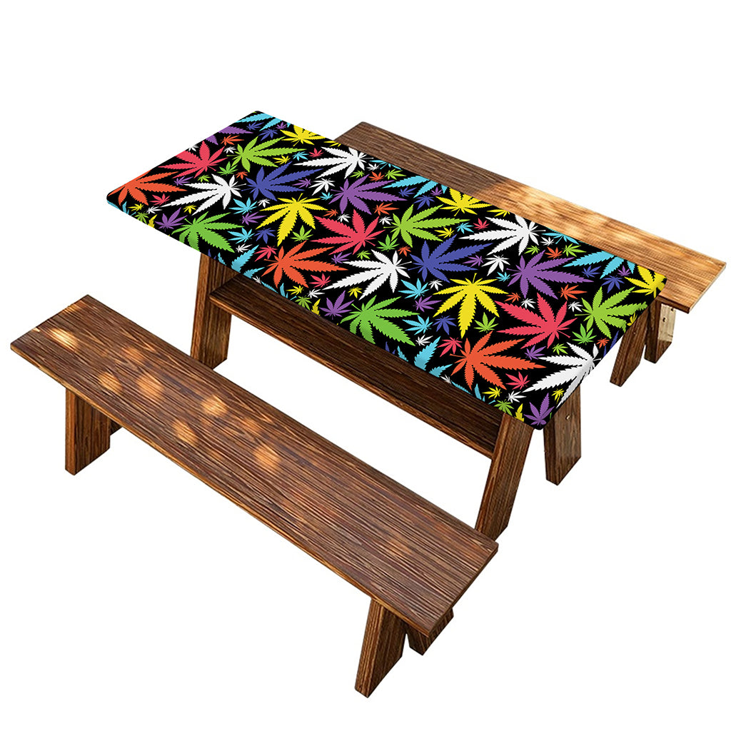 Colorful Weed Leaf Pattern Print Picnic Table Cover