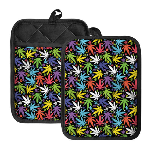 Colorful Weed Leaf Pattern Print Pot Holders With Pocket