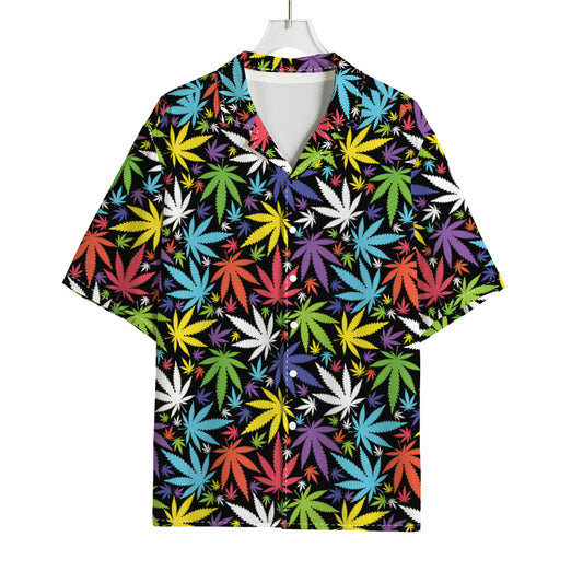 Colorful Weed Leaf Pattern Print Rayon Hawaiian Shirt
