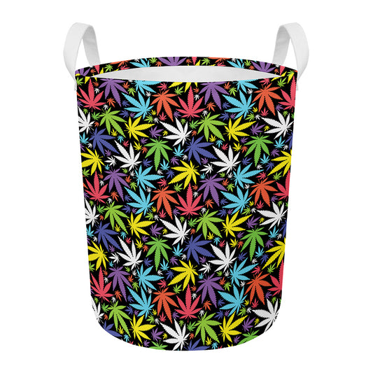 Colorful Weed Leaf Pattern Print Round Laundry Basket
