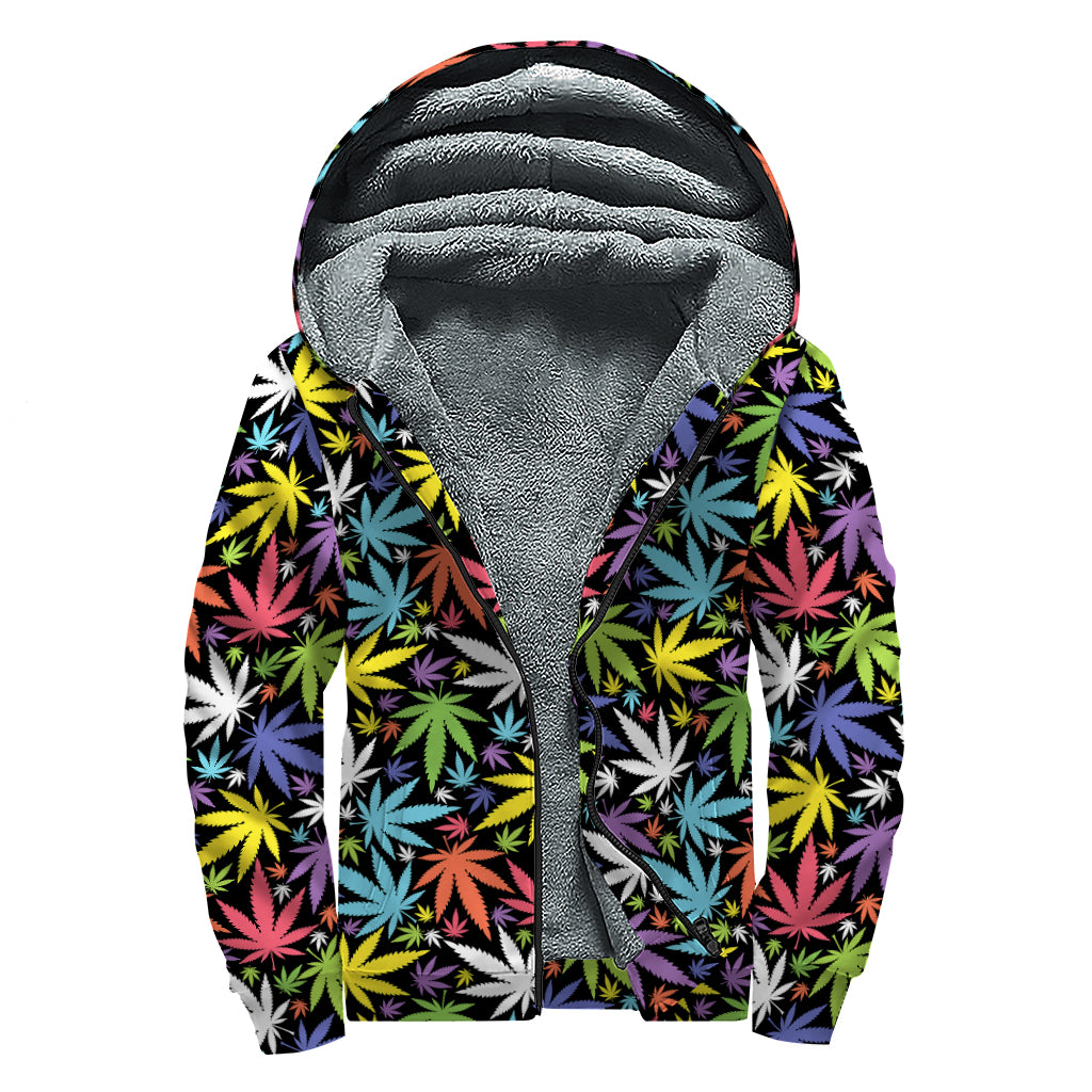 Colorful Weed Leaf Pattern Print Sherpa Lined Zip Up Hoodie