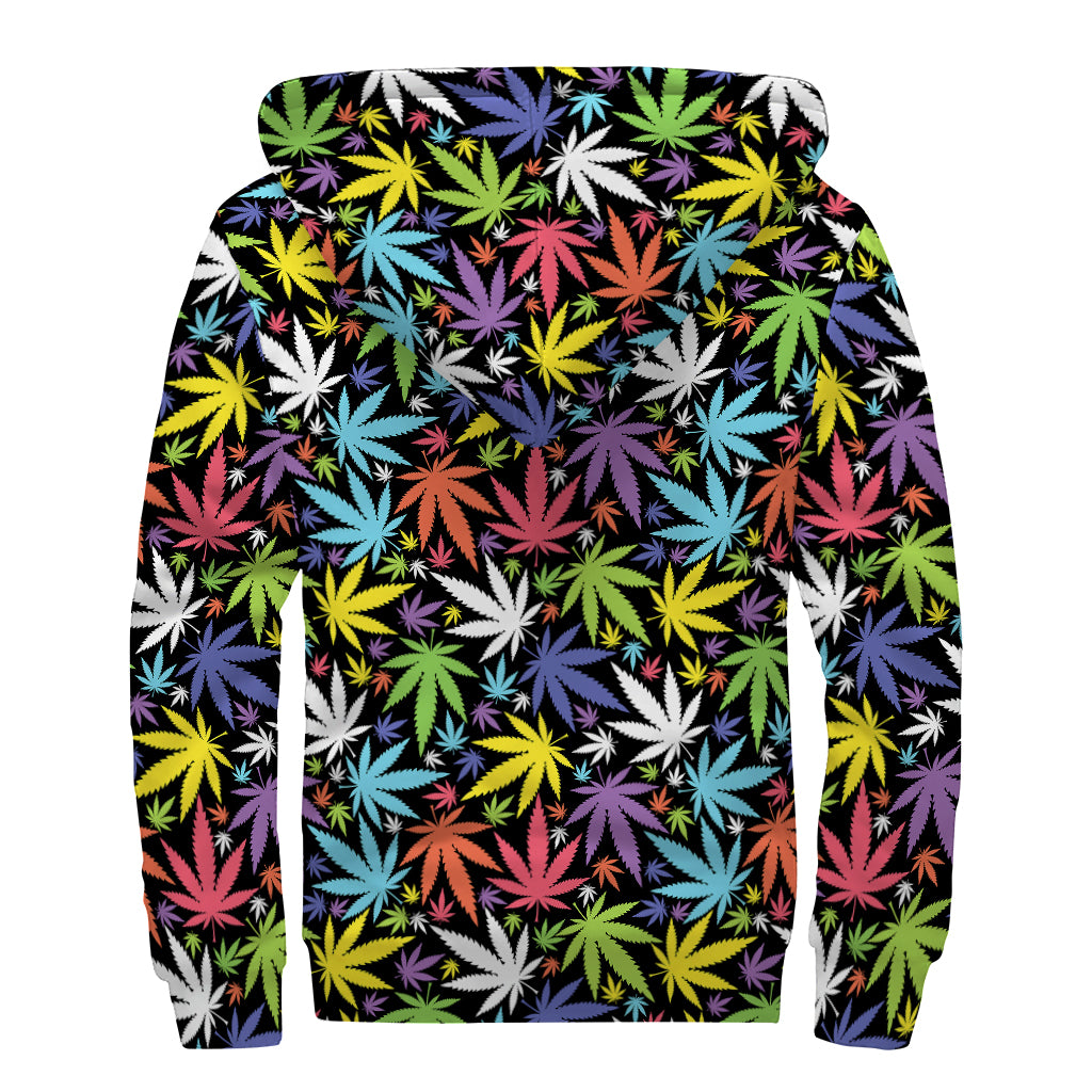Colorful Weed Leaf Pattern Print Sherpa Lined Zip Up Hoodie
