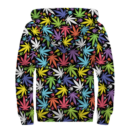 Colorful Weed Leaf Pattern Print Sherpa Lined Zip Up Hoodie