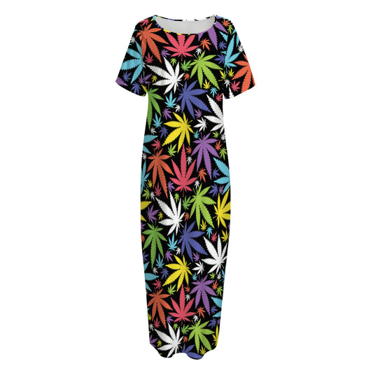 Colorful Weed Leaf Pattern Print Short Sleeve Long Nightdress