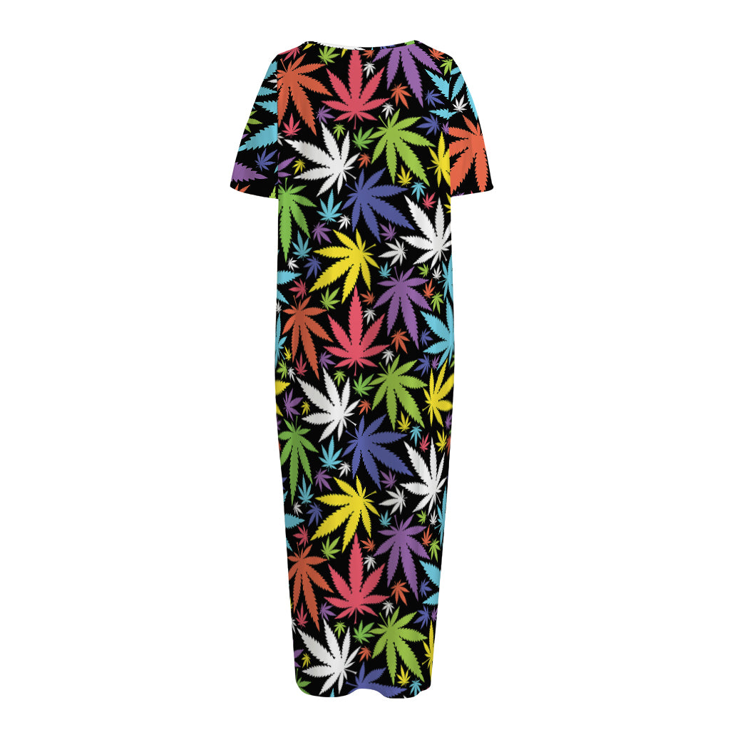Colorful Weed Leaf Pattern Print Short Sleeve Long Nightdress