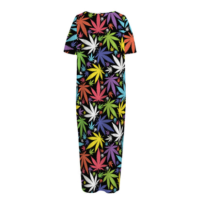 Colorful Weed Leaf Pattern Print Short Sleeve Long Nightdress