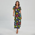 Colorful Weed Leaf Pattern Print Short Sleeve Maxi Dress
