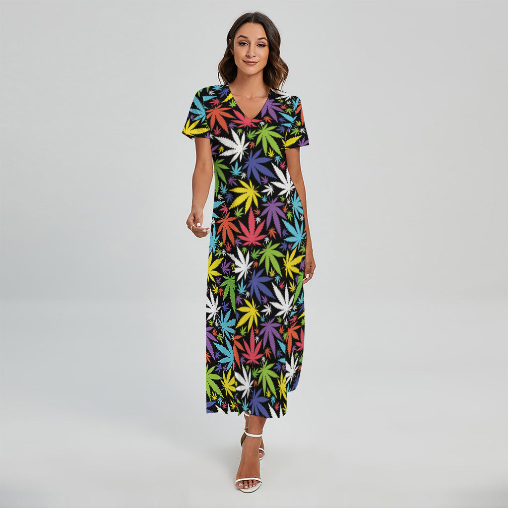 Colorful Weed Leaf Pattern Print Short Sleeve Maxi Dress