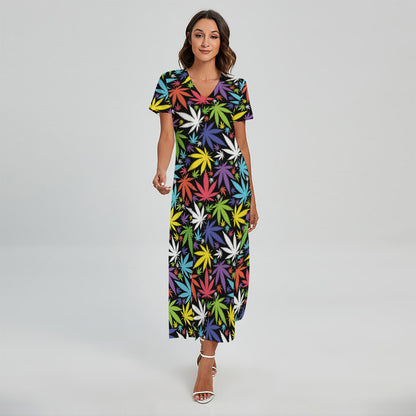 Colorful Weed Leaf Pattern Print Short Sleeve Maxi Dress