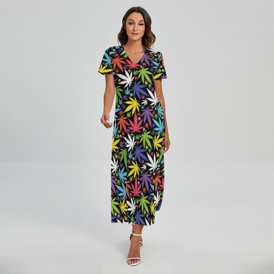 Colorful Weed Leaf Pattern Print Short Sleeve Maxi Dress