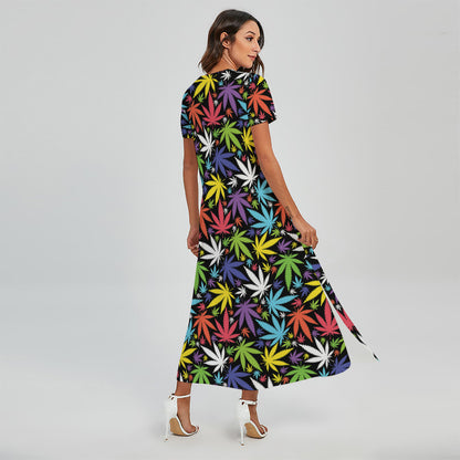 Colorful Weed Leaf Pattern Print Short Sleeve Maxi Dress