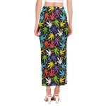 Colorful Weed Leaf Pattern Print Side Slit Maxi Skirt