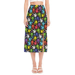 Colorful Weed Leaf Pattern Print Side Slit Midi Skirt