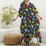 Colorful Weed Leaf Pattern Print Silk V-Neck Kaftan Dress
