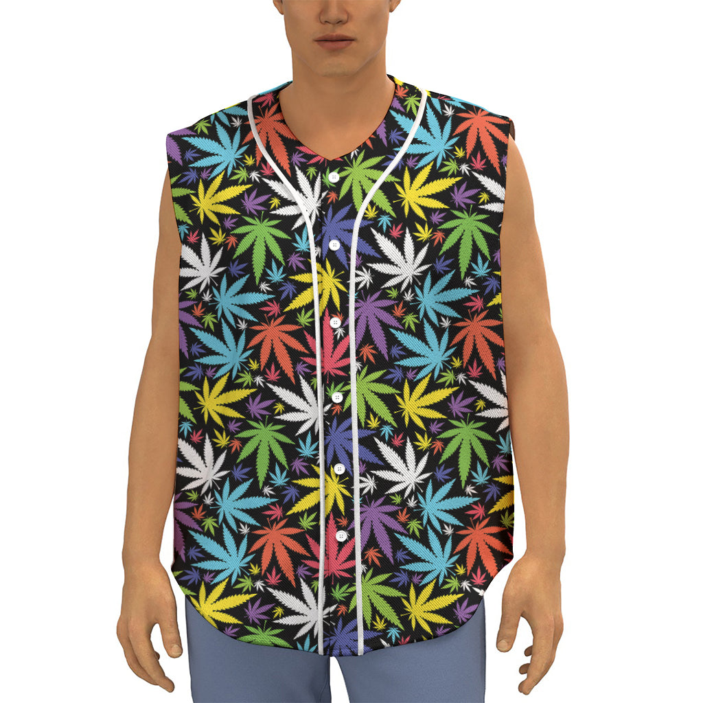Colorful Weed Leaf Pattern Print Sleeveless Baseball Jersey