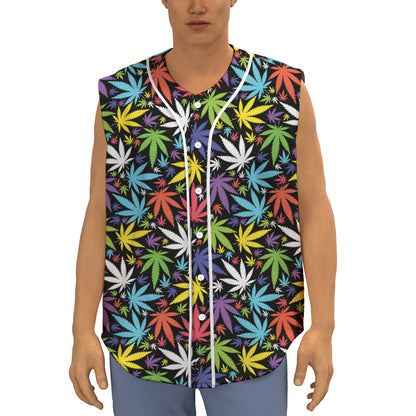 Colorful Weed Leaf Pattern Print Sleeveless Baseball Jersey