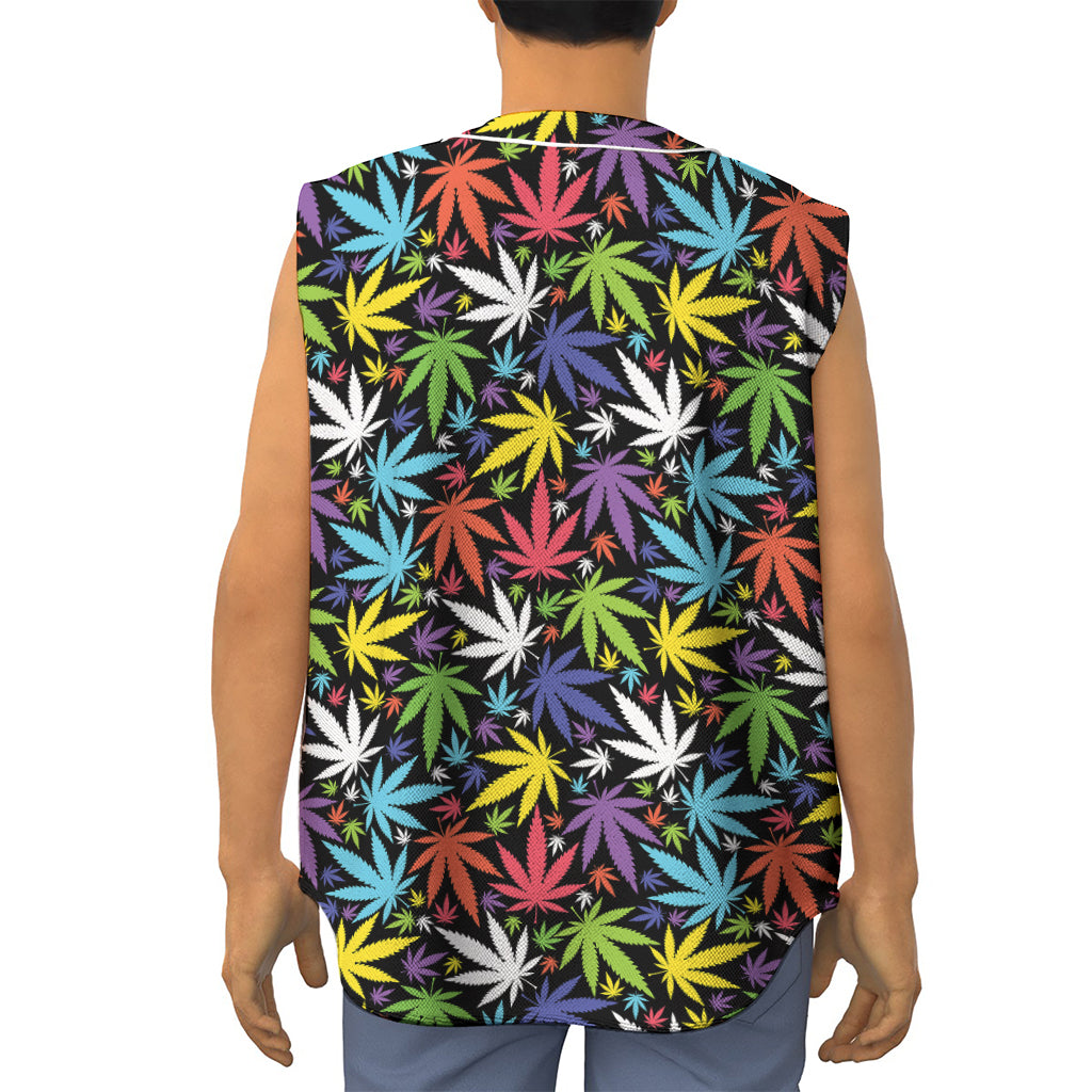 Colorful Weed Leaf Pattern Print Sleeveless Baseball Jersey