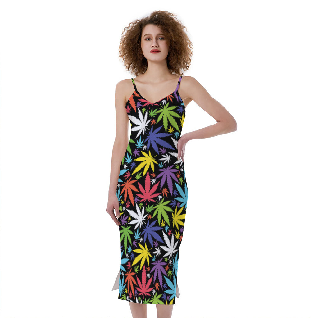 Colorful Weed Leaf Pattern Print Slim Fit Midi Cami Dress