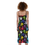 Colorful Weed Leaf Pattern Print Slim Fit Midi Cami Dress