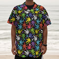 Colorful Weed Leaf Pattern Print Textured Short Sleeve Shirt