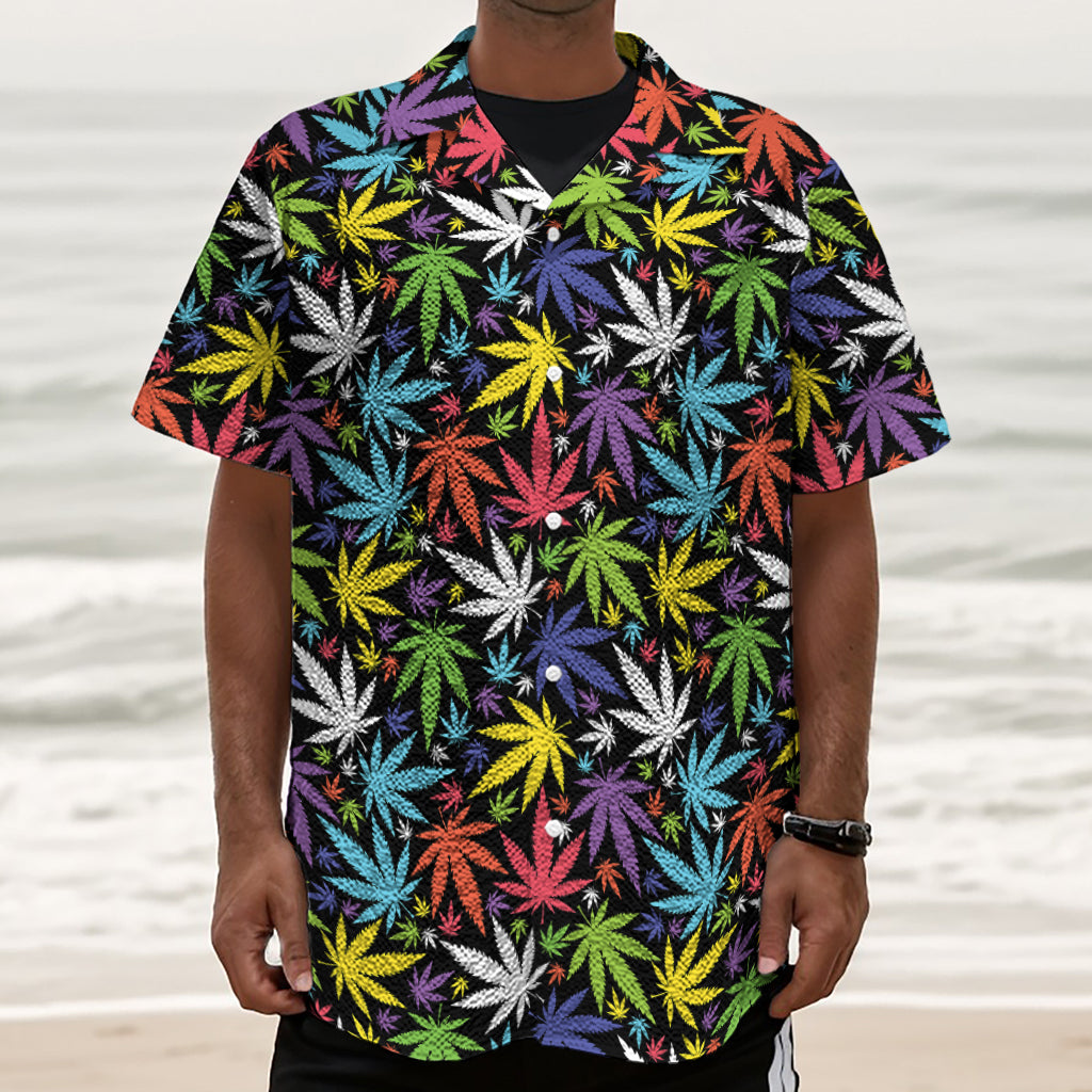 Colorful Weed Leaf Pattern Print Textured Short Sleeve Shirt