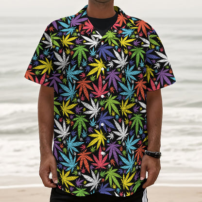 Colorful Weed Leaf Pattern Print Textured Short Sleeve Shirt