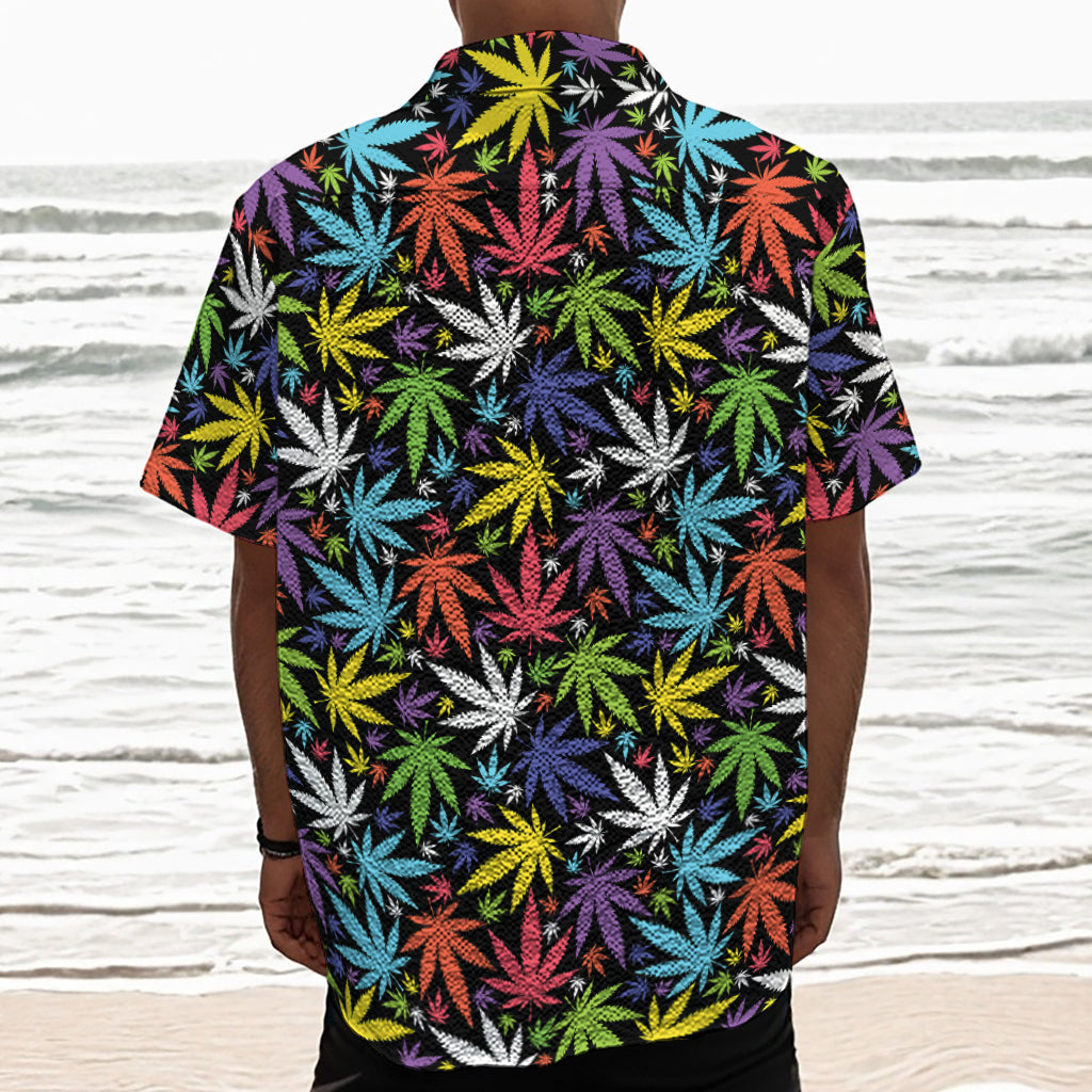 Colorful Weed Leaf Pattern Print Textured Short Sleeve Shirt