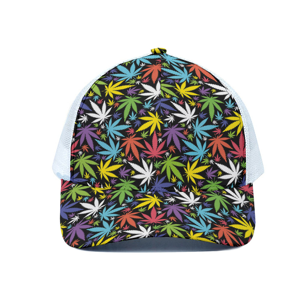 Colorful Weed Leaf Pattern Print White Mesh Trucker Cap