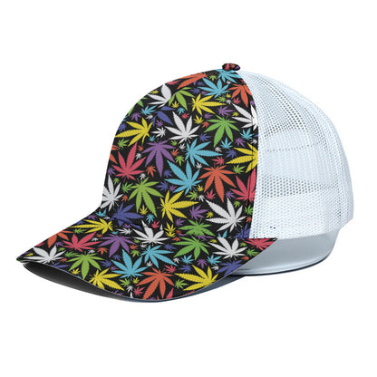 Colorful Weed Leaf Pattern Print White Mesh Trucker Cap