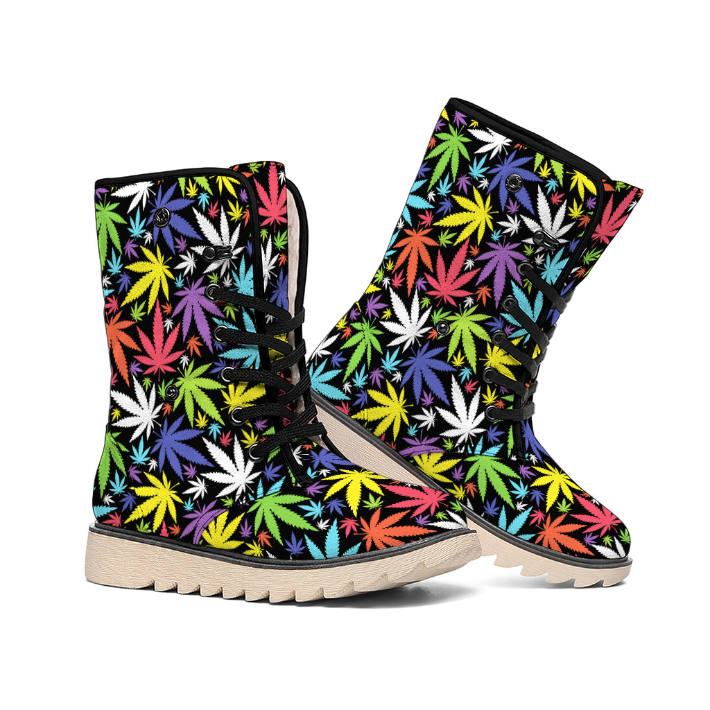 Colorful Weed Leaf Pattern Print Winter Boots