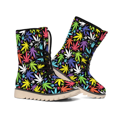 Colorful Weed Leaf Pattern Print Winter Boots